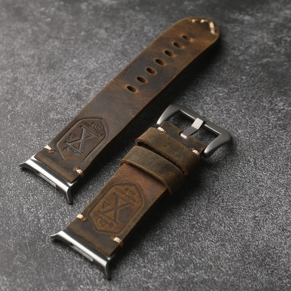 Handcrafted Italian head layer cowhide leather strap, fits Samsung Galaxy watch 5 4 6 44mm 47MM Strap Ultra brown leather, high