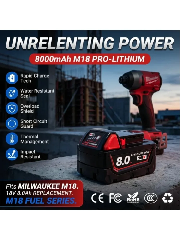 8000mAh 18V M18 Lithium-Akku für Milwaukee M18 Akku-Elektrowerkzeuge 8,0Ah Ersatzakku IP65 Wasserdicht