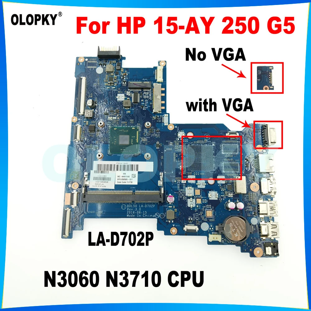 

854944-001 854944-601 Материнская плата BDL50 LA-D702P для ноутбука HP 15-AY 250 G5 с процессором N3060 N3710 DDR3