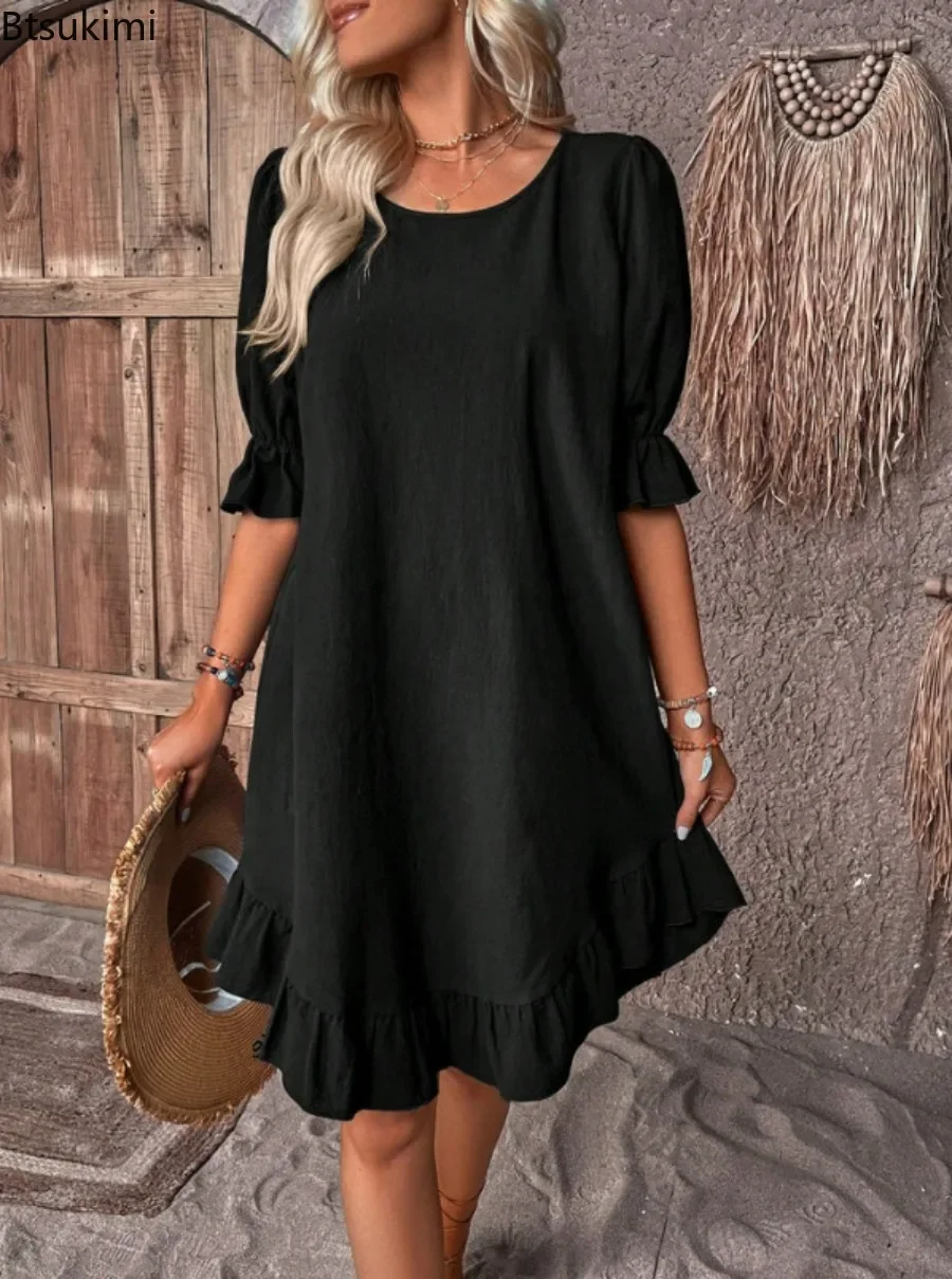 New 2024 Women's Spring Summer Casual Dress Vintage Cotton Linen Dresses Half Sleeve Female O-neck Beach Evening Mini Dress Boho