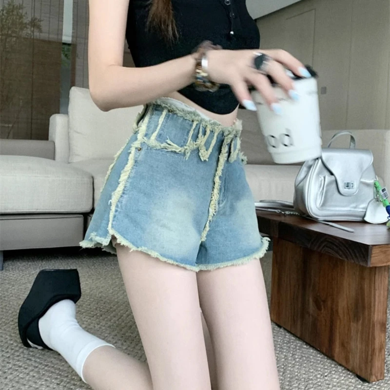 شورت Spice Girl عالي الخصر من قماش الدنيم بتصميم صيفي 2025 يشعر بالسراويل النسائية الساخنة الخام #3