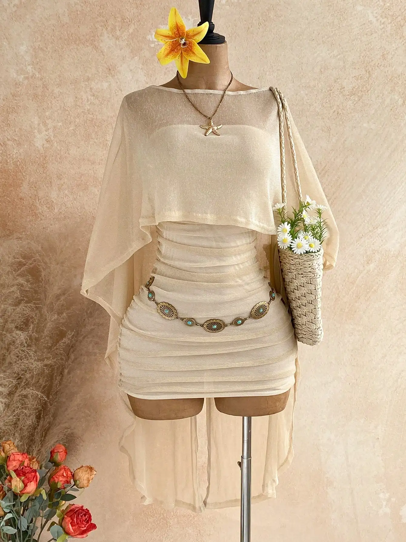 Soleia Party Gold Sequin Sheer Asymmetric Shoulder Loose Top & Ruched Hem Bodycon Mini Dress 2 Pieces Set,Light Beige,Summer,Boho,Beach Vacation,Holiday