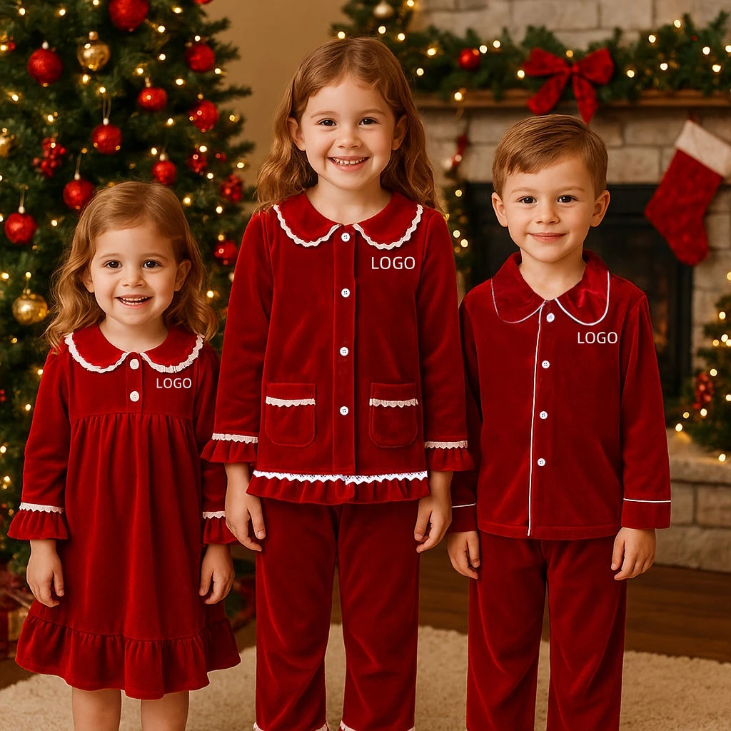 

2025 Kids Christmas Custom Costume Red Velvet Print Pyjamas Set Family Match Toddler Boy Girl Robes Dress Suit Xmas Gift Clothes