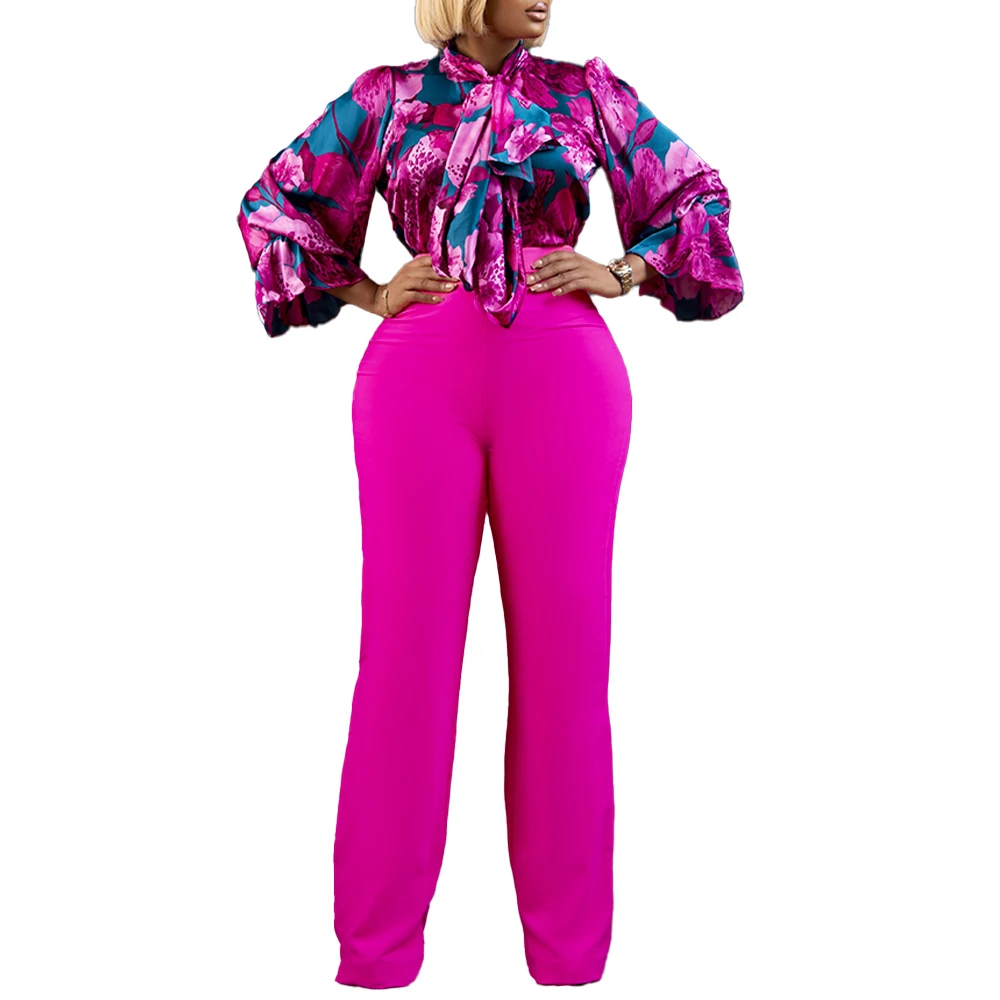 

New Arrived 2-Piece Plus Size Fat MM Printed Flared Sleeve Shirt And Pants Top Trousers Women's Temperament OL Suit