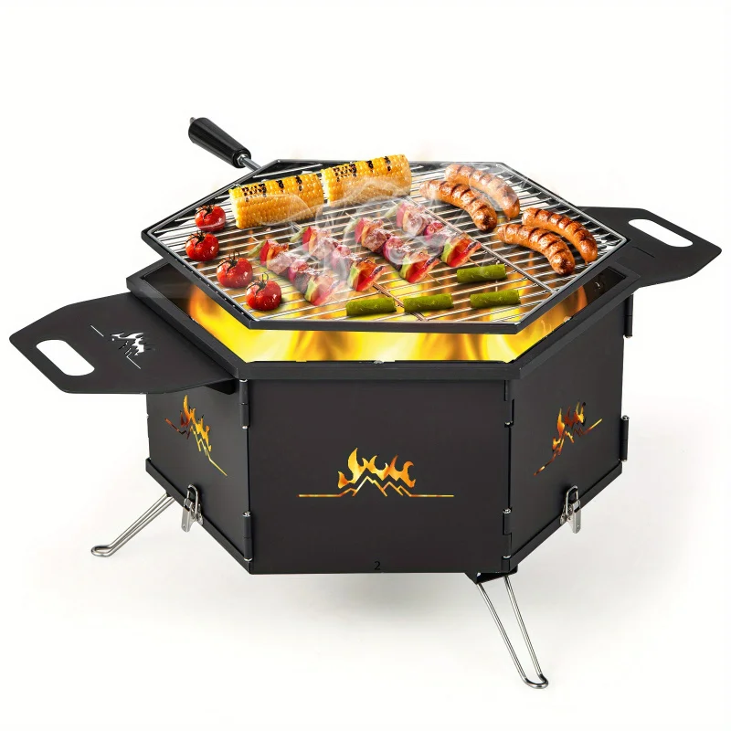 Portable Charcoal Grill Stove with 360 ° Rotatable Grill, Foldable Body and Legs, Stainless Steel - Black, Stainless Steel