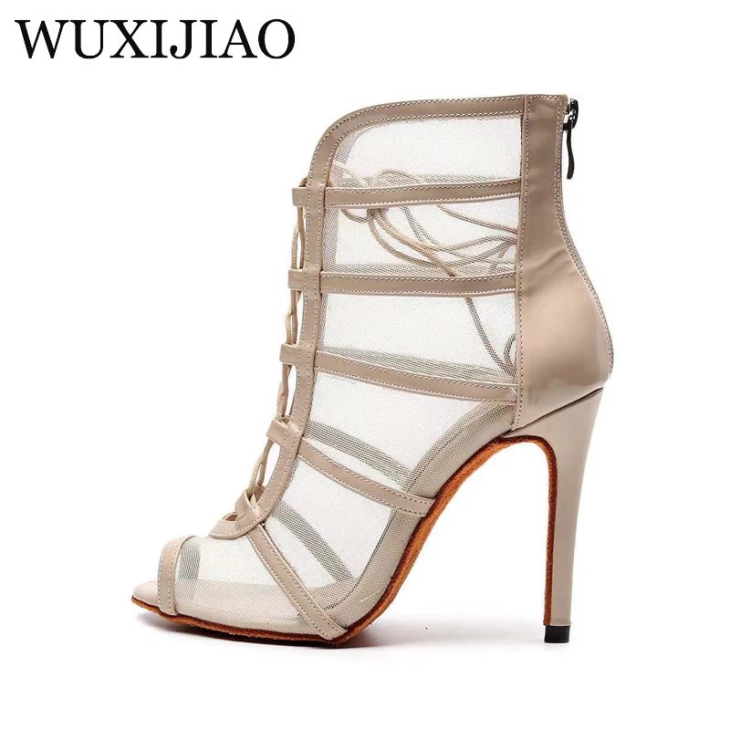 WUXIJIAO-Sandalias negras con cordones para mujer, zapatos de baile de jazz sexy, tacones altos, zapatos de baile latino para interiores, cha