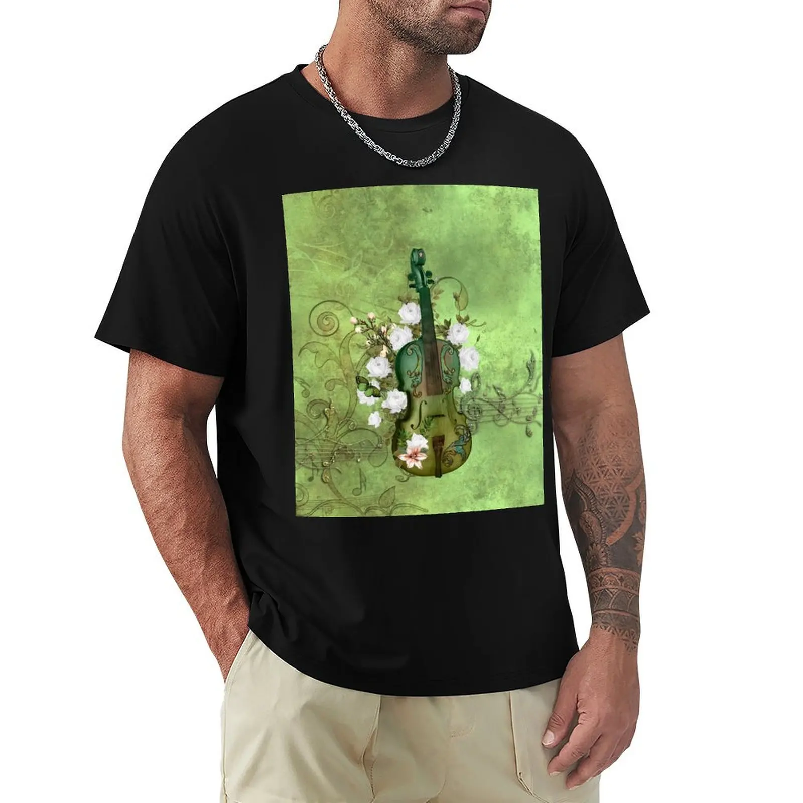 Wonderful elegant violin with flowers, clef and key notes T-Shirt Casual Daily Wear Short Sleeve Top