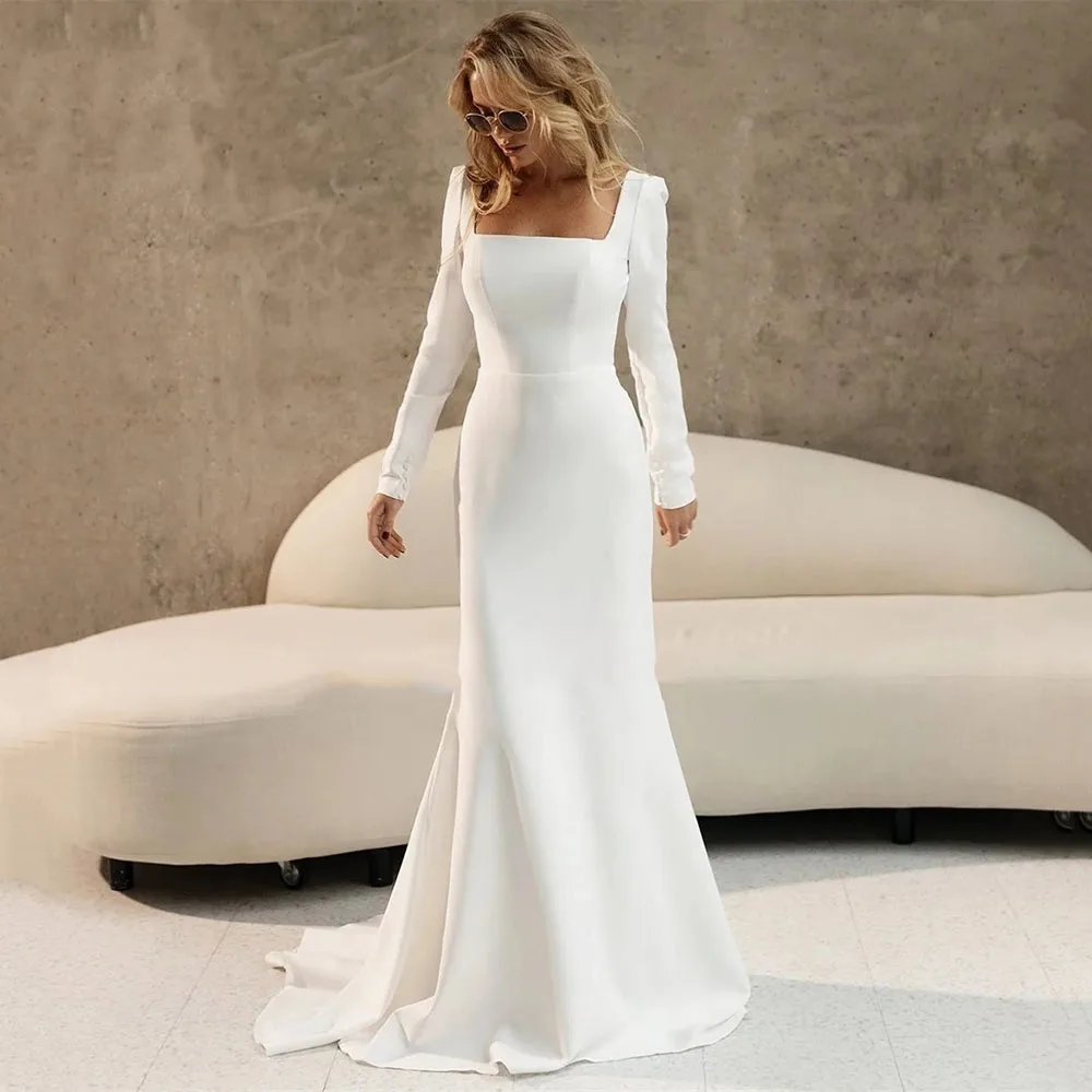 Abito da sposa civile per feste Abito da sposa a sirena a maniche lunghe 2025 Abito da sposa modesto personalizzato Abito da cerimonia nuziale