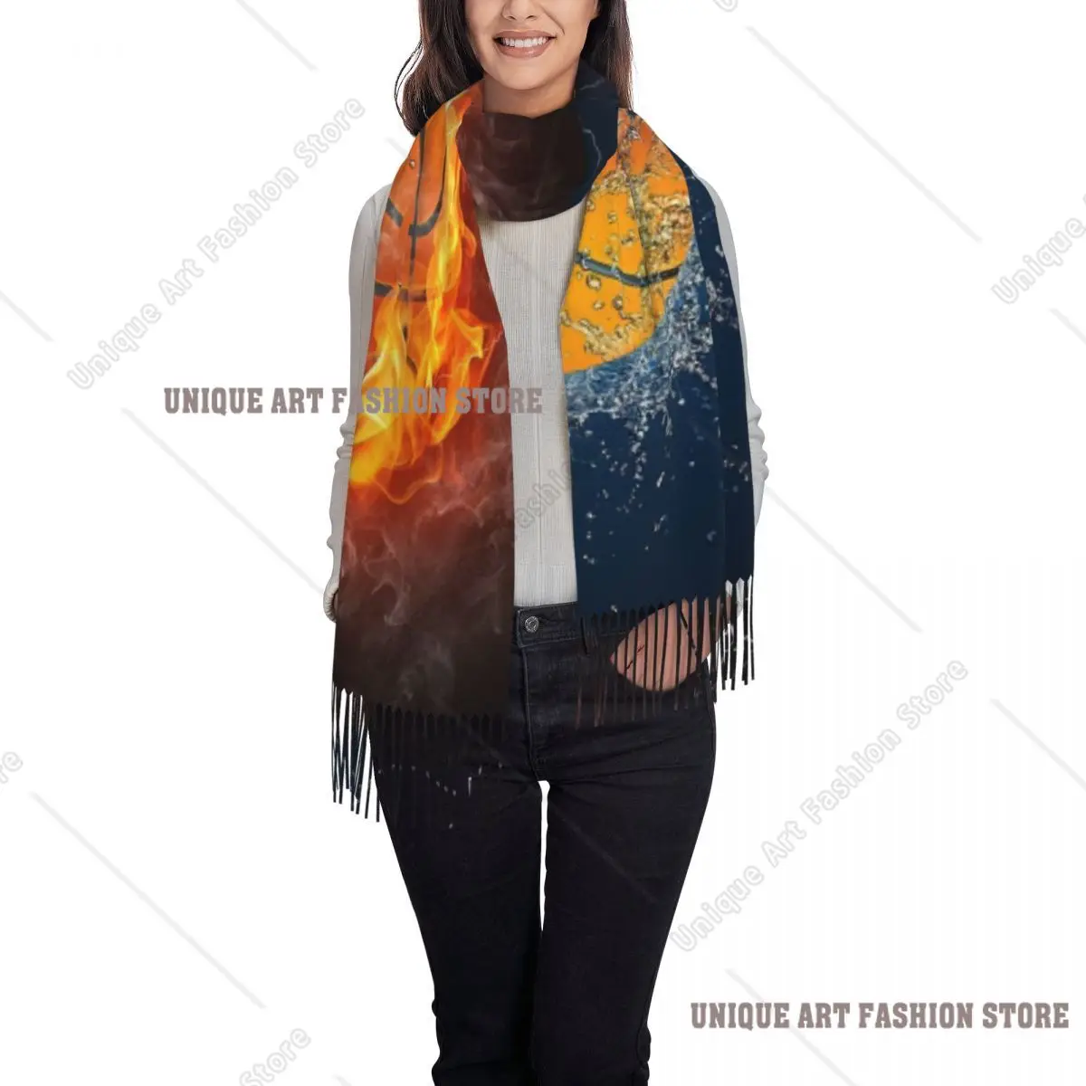Customized Fashion Basketball Ice And Fire Tassel Scarf Women Winter Fall Warm Shawl Wrap Lady Sport Player Scarves