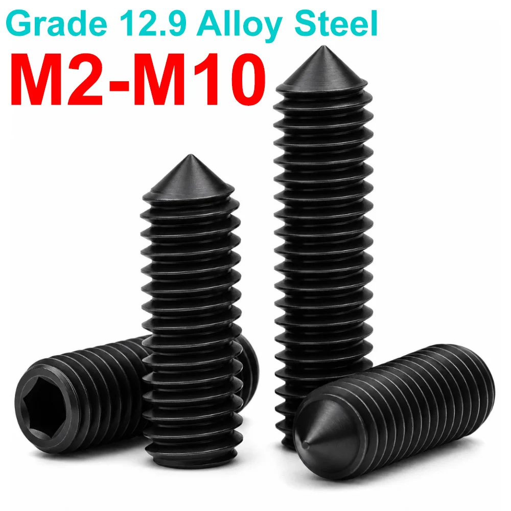 12.9 Alloy Steel Hex Socket Cone Point Set Screws Allen Headless Grub Screws High Tensile M2 M3 M4 M8 M10