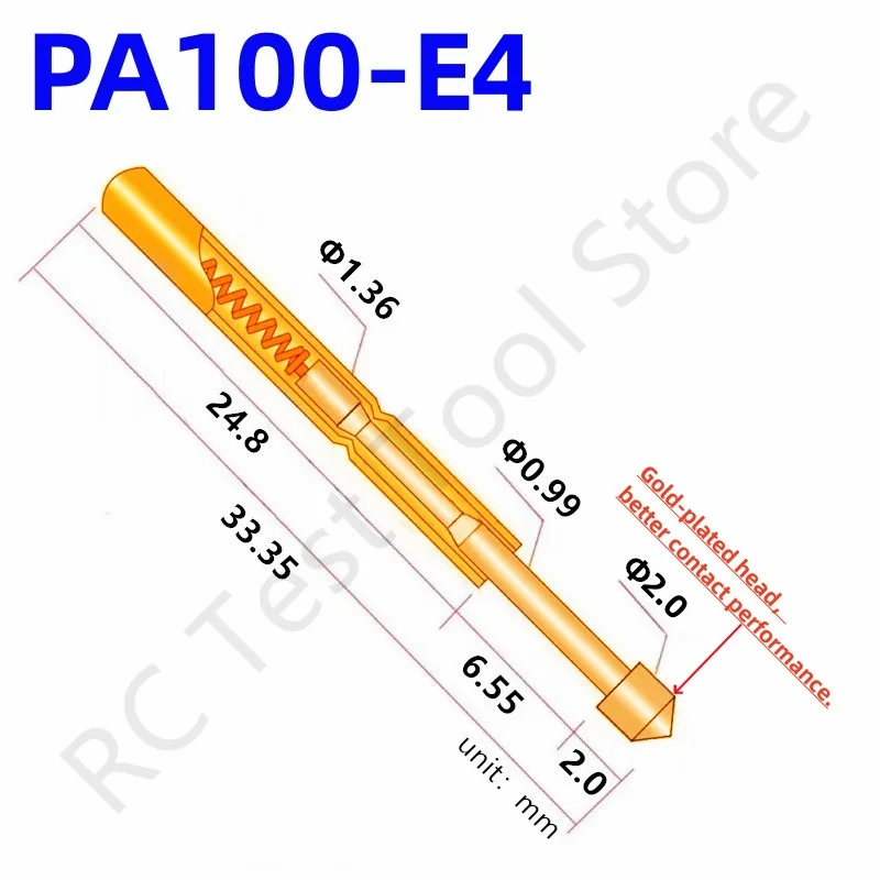 100PCS PA100-E4 Spring Test Probe PA100-E Test Pin P100-E P100-E4 Test Tool 33.35mm 1.36mm Needle Gold Tip Dia 2.0mm Pogo Pin