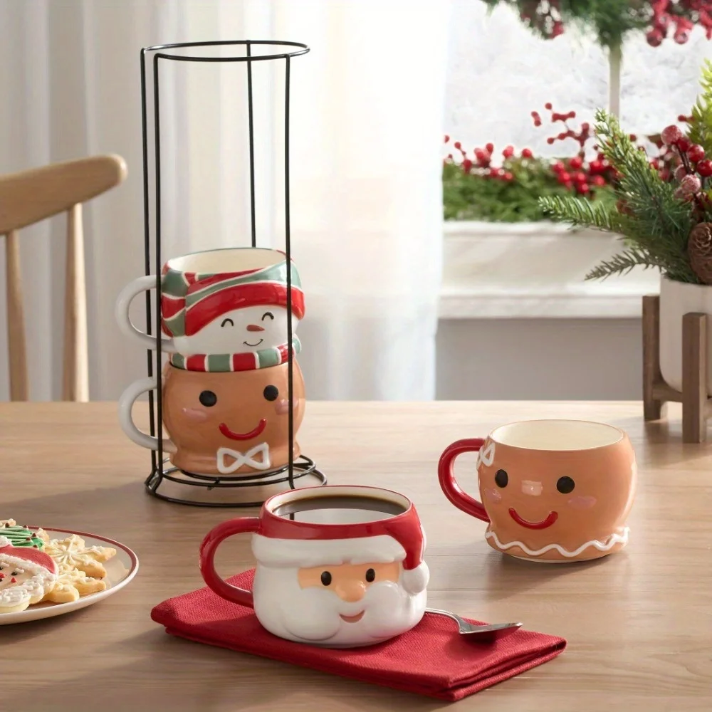 12 Oz Ceramic Mug Set, 4 Mugs With Metal Holders, 2 Gingerbread People, Santa Claus, 1 Snowman, Adding Joy And Warmth To Your