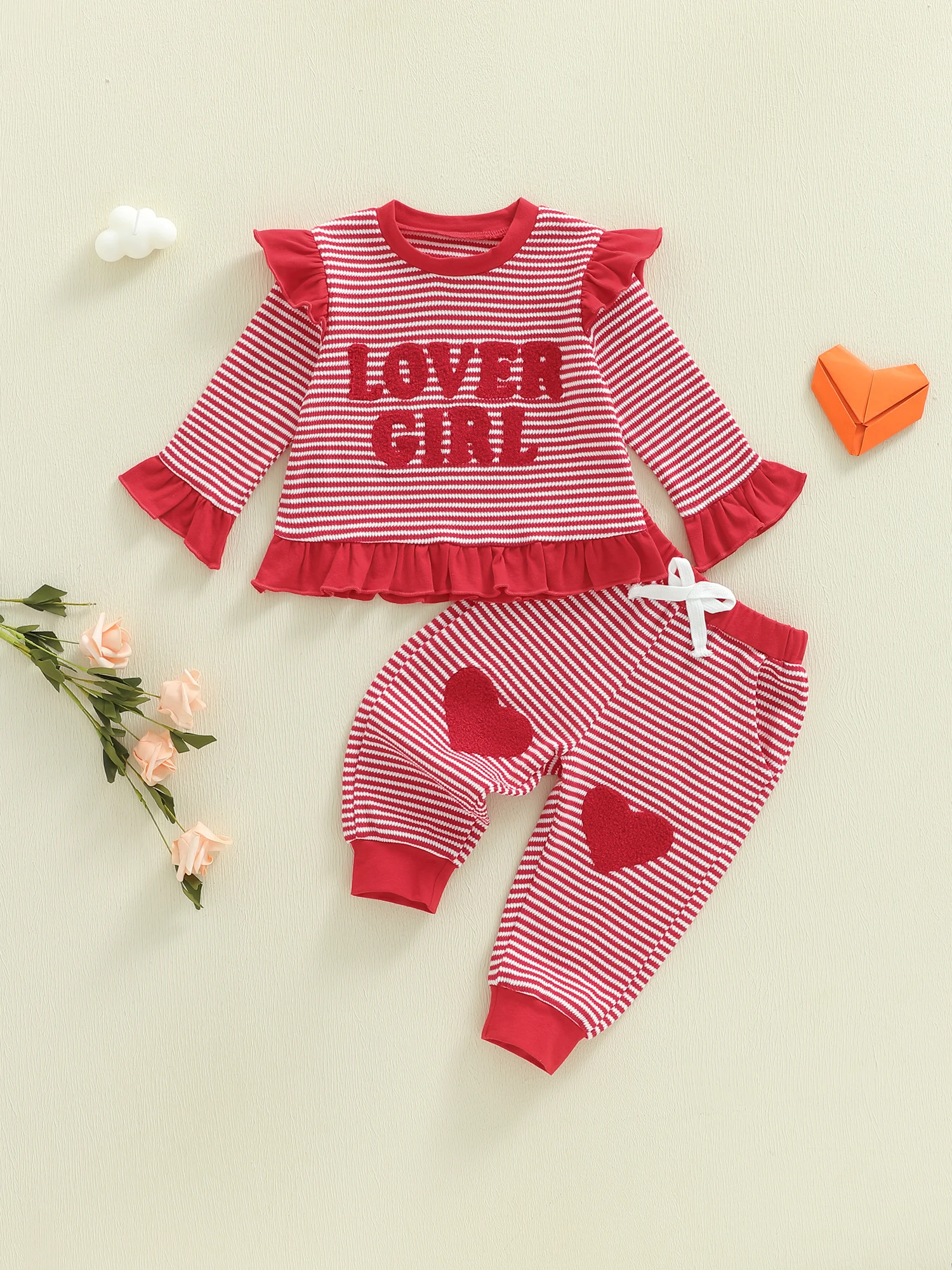 طقم ملابس للفتيات لعيد الحب بأكمام طويلة ورقبة دائرية مع حروف مطرزة وسروال برباط مخطط #5
