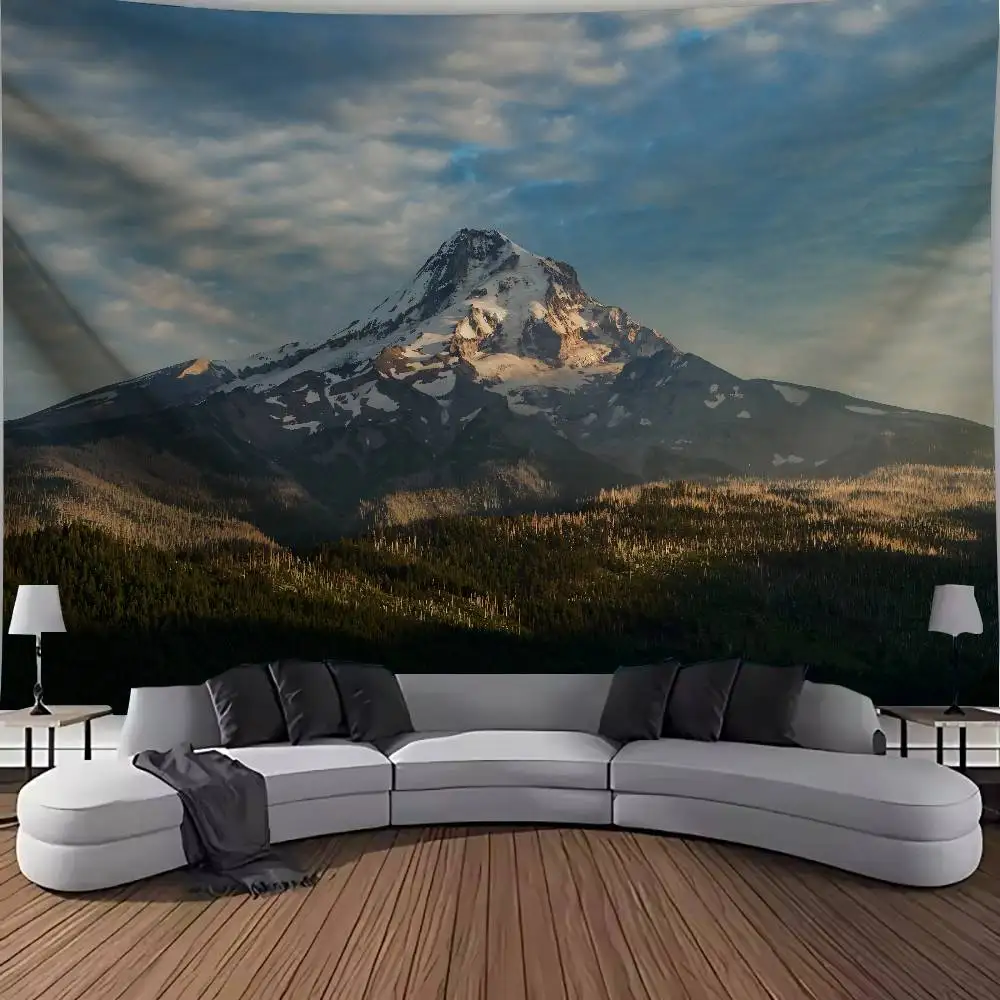 Snow Capped Mountain Forest Tapestry, Golden Sunrise Volcano Peak Landscape Nature Scenery Woodland Backdrop Decor for Bedroom