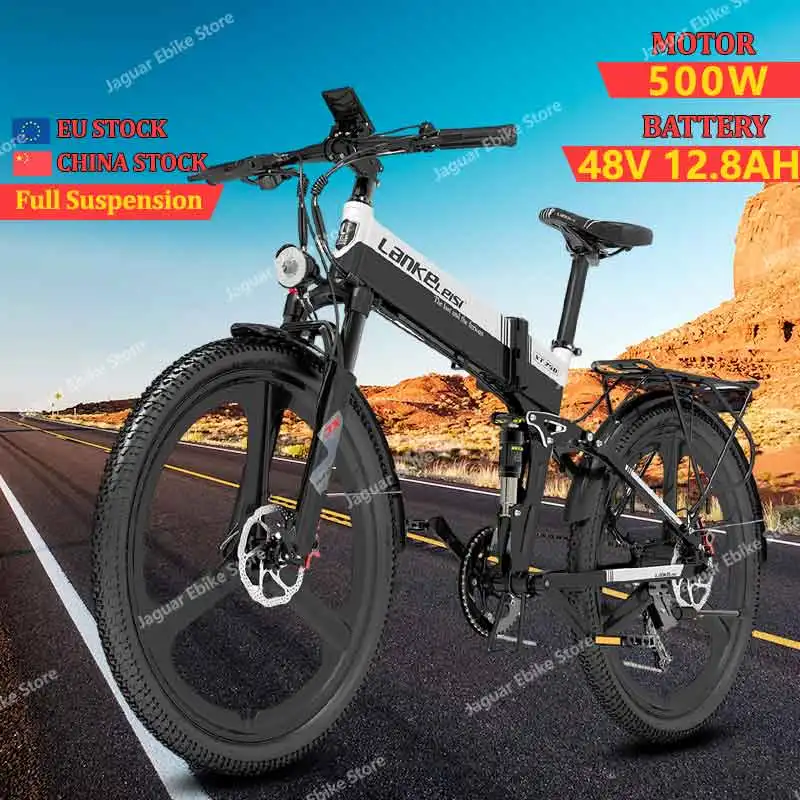 LANKELEISI Folding Ebike 48V 12.8AH  500W Motor 26 inch Fat Tire Electric Bike Long Distance Mountain Adults Electric Bicycles