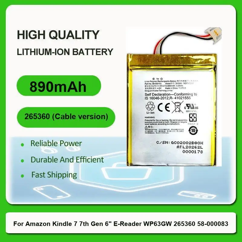

New Tablet Battery For Amazon 7th Gen 6" E-Reader WP63GW 265360 58-000083 58-000151 265360 (Cable version) 890mAh Replacement