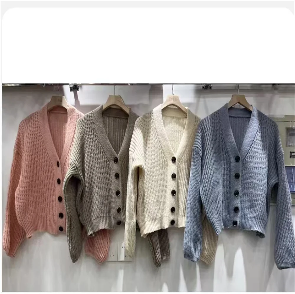 Autumn/Winter Solid Color V-neck Versatile Sweater Jacket Women\'s Loose Large Balloon Sleeve Thick Knitted Cardigan Cropped Top