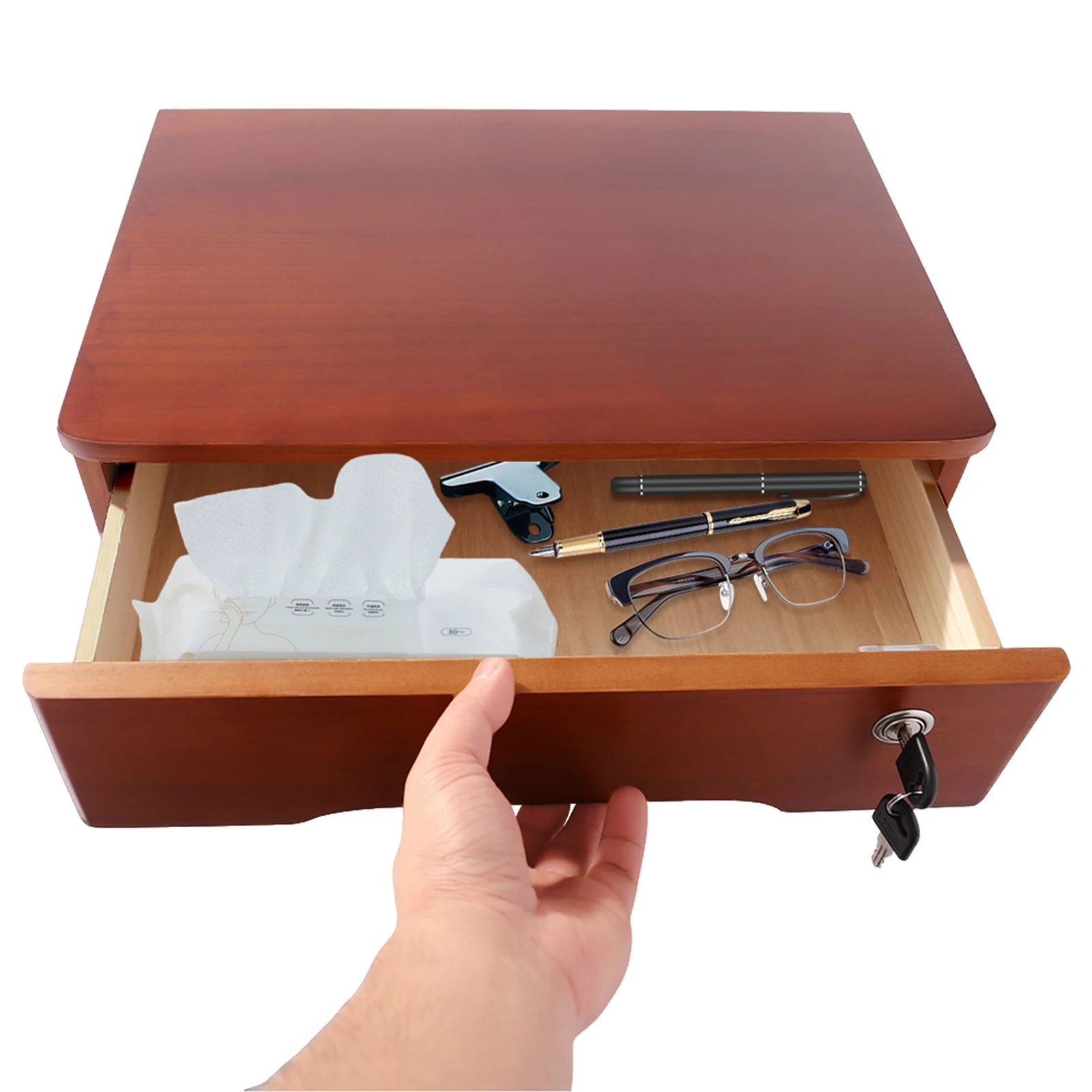 1-Drawer Walnut Wooden Desktop Storage Box Rectangular Desk Organizer Office Supplies File Organizer With 2* Keys