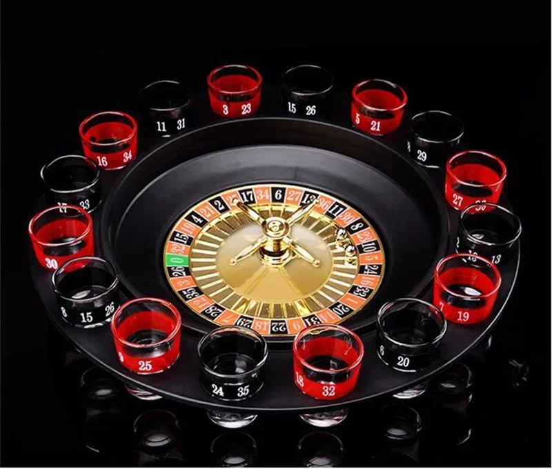 [Funny] 16 Shot Glass Deluxe Russian Spinning Roulette Poker Chips Drinking Game Set Party Supplies Wine Game Adult Drinken Game