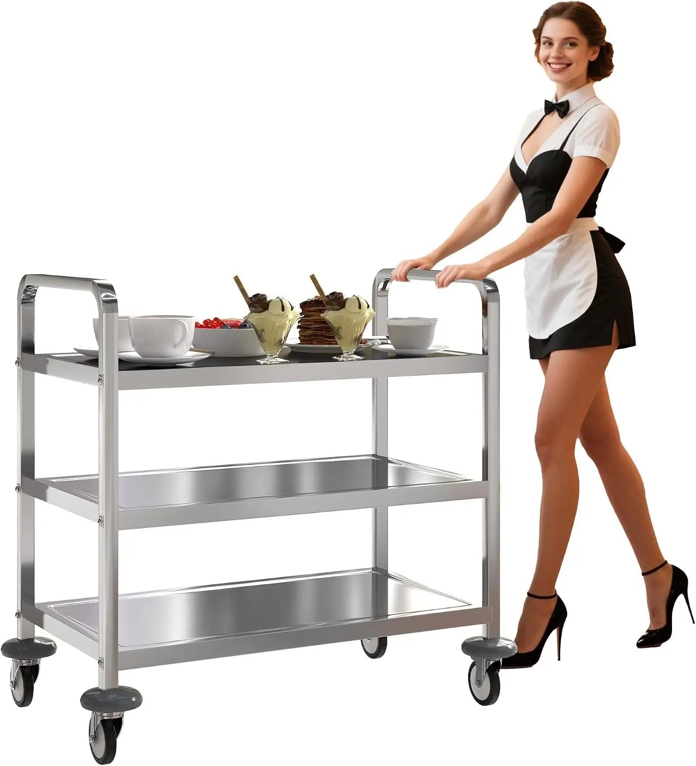 3 Tier Stainless Steel Utility Cart, 360° Rotation Wheels & 400 lbs Capacity, Commercial Serving Cart Heavy Duty Rolling Cart