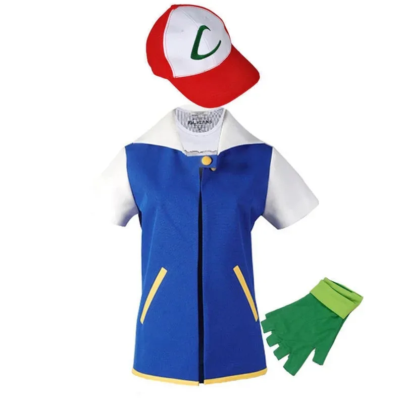 

2025 New Adult Kids Costume Cosplay Jacket Gloves Hat Poke Ball Sets For Trainer Halloween Ash Ketchum Hoodie Costume Cospl ★ ★