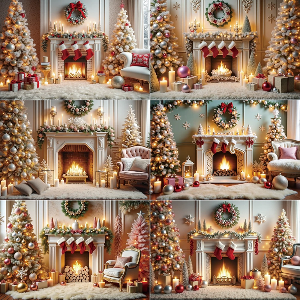 

MOON.QG Warm 2025 Christmas Background Photography Xmas Trees Fireplace Cushion Photocall Backdrop Baby Studio Photozone Props