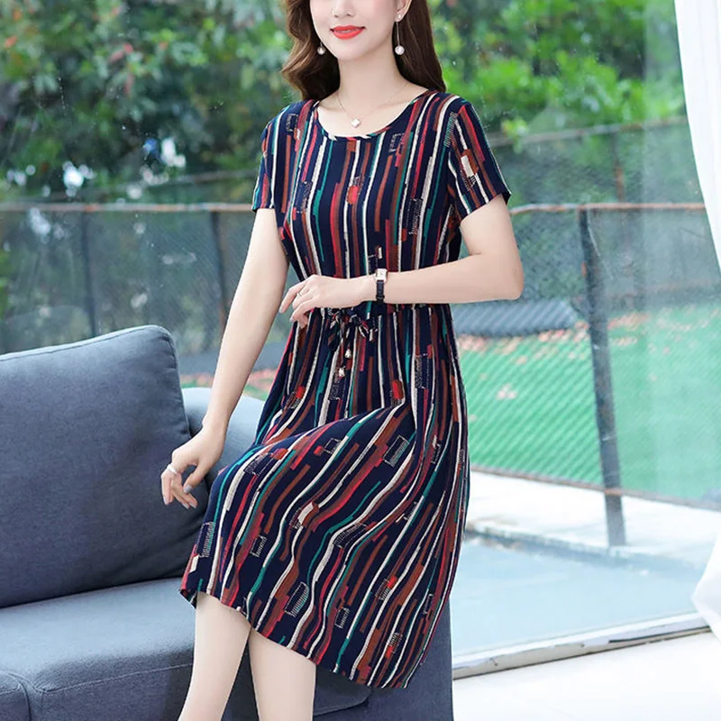 Fashion O-Neck Printed Loose Folds Korean Floral Dress Women's Clothing 2023 Summer New Oversized Short Sleeve Casual Dresses