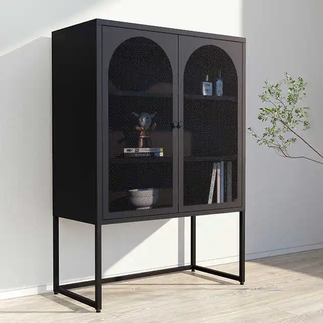 Modern style steel self-service sideboard with glass metal legs for wine and toy display, suitable for hotels and living rooms