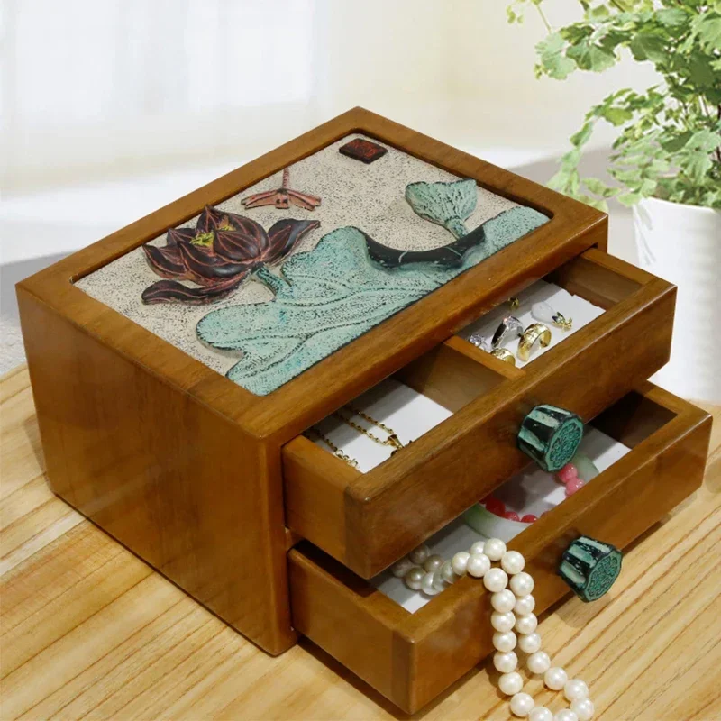 

Solid Wood Jewelry Box Drawer Jewelry Holder Earring Necklace Storage Box 3D Relief Lotus Design Multi-Purpose Organizer