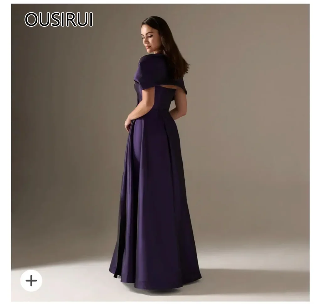 OUSIRUI robe de mariée Modest Boat Collar Satin Solid A-line Prom Dress Floor-Length Backless Evening Prom Gown with Cape