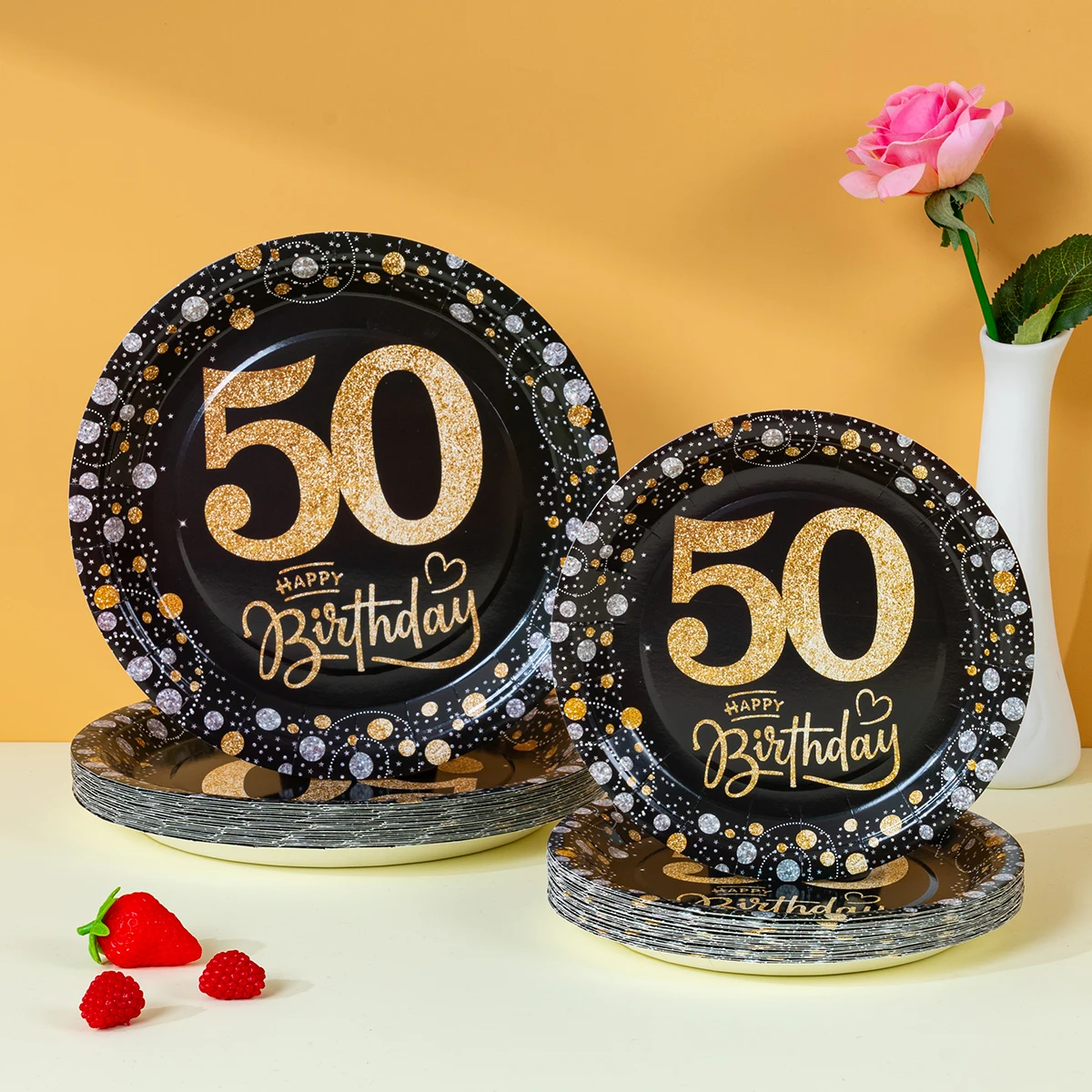 10/25/50pcs Happy 50th Birthday Paper Plates Disposable Black Gold Print for Men Women 50th Birthday Party Tableware