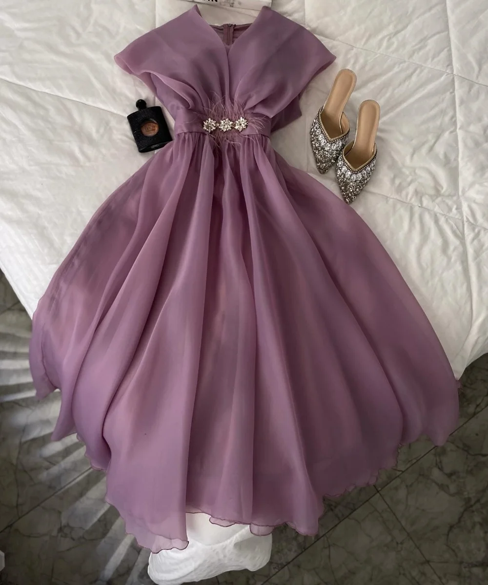 

Customized Modern Style Organza Pleat Sequined A-line V-neck Midi Dresses Bespoke Occasion Quinceanera Formal