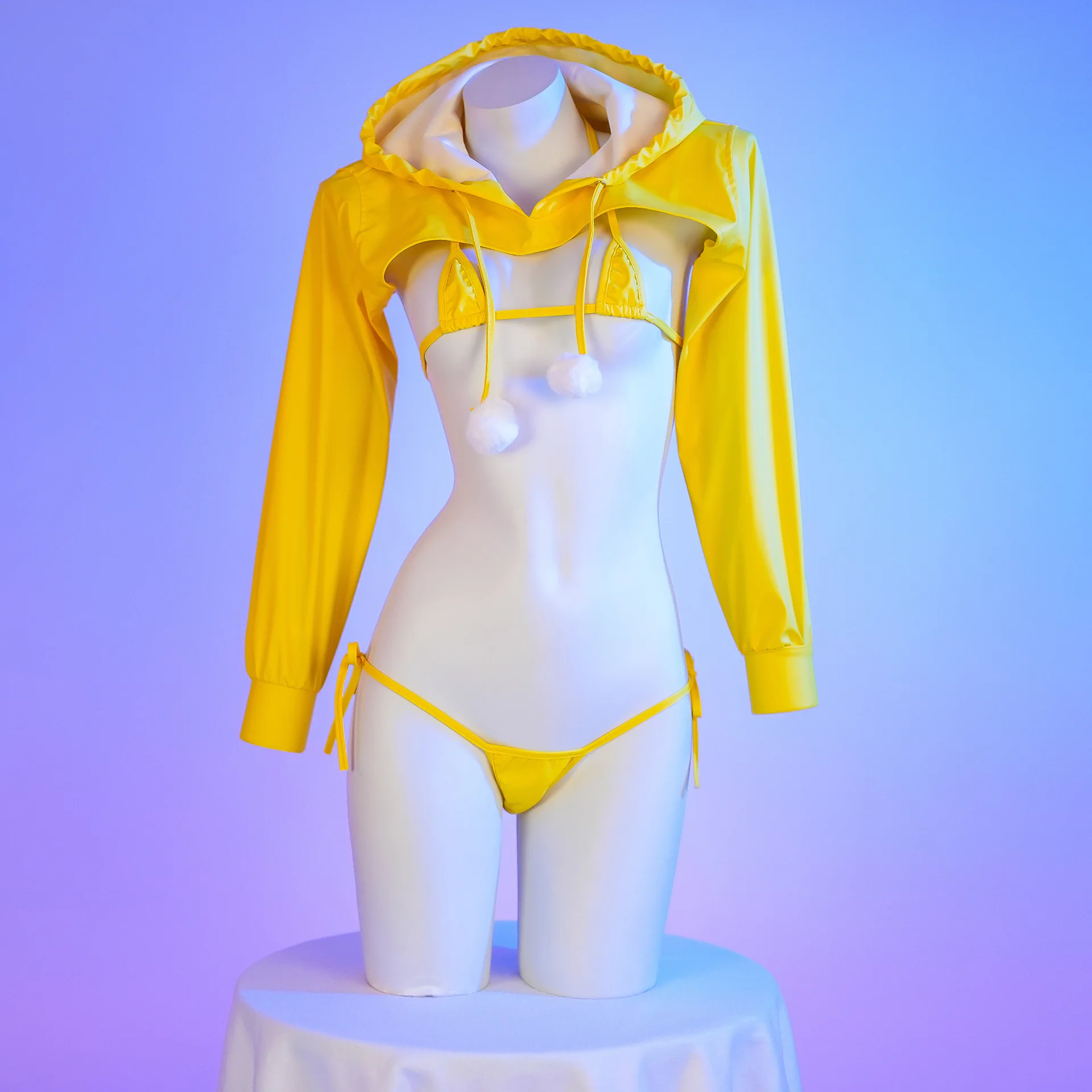 Ensemble de bikini en cuir PU jaune pour filles, haut à capuche, costume de cosplay, sous-vêtements, chemise de nuit, tenues de jeu, anime japonais, sexy