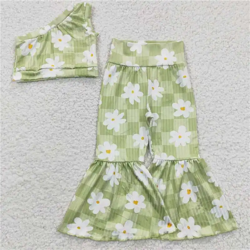 

Wholesale Summer Girls Suspenders Half-Sleeved Trousers Suit Bell-Bottom Pants With Same Color And Bright Pattern Printing