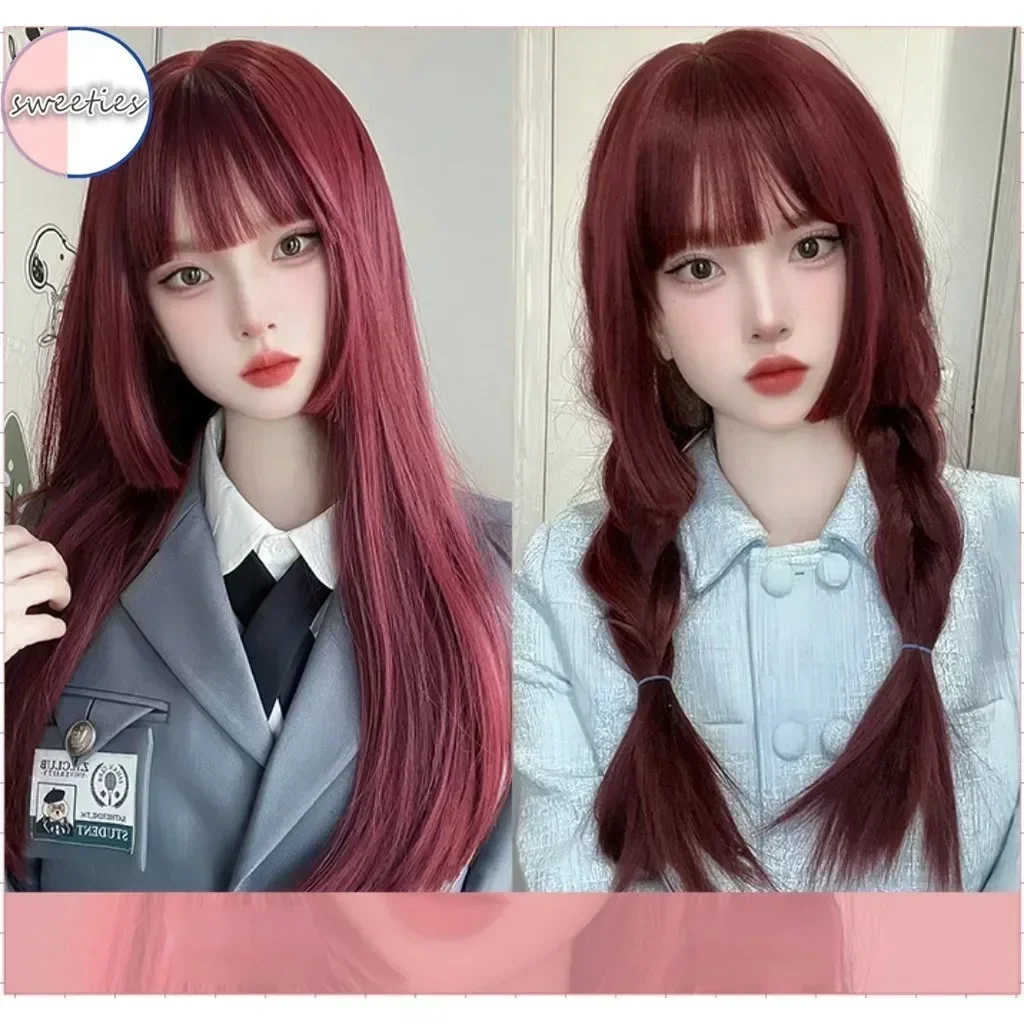 75cmロングストレート合成ウィッグ耐熱シルク風レッドカラーフルヘッドヘアピースボリュームアップナチュラルルック女性用