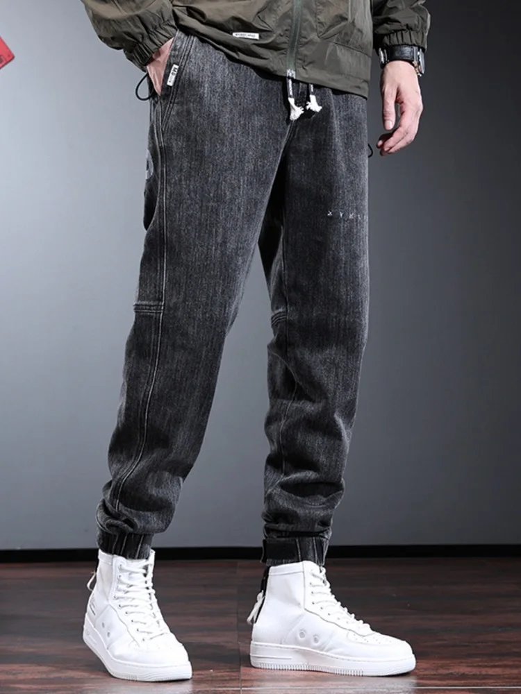 Autumn Baggy Jeans Men Fashion Streetwear Yellow Blue Elastic Waist Drawstring Denim Pants