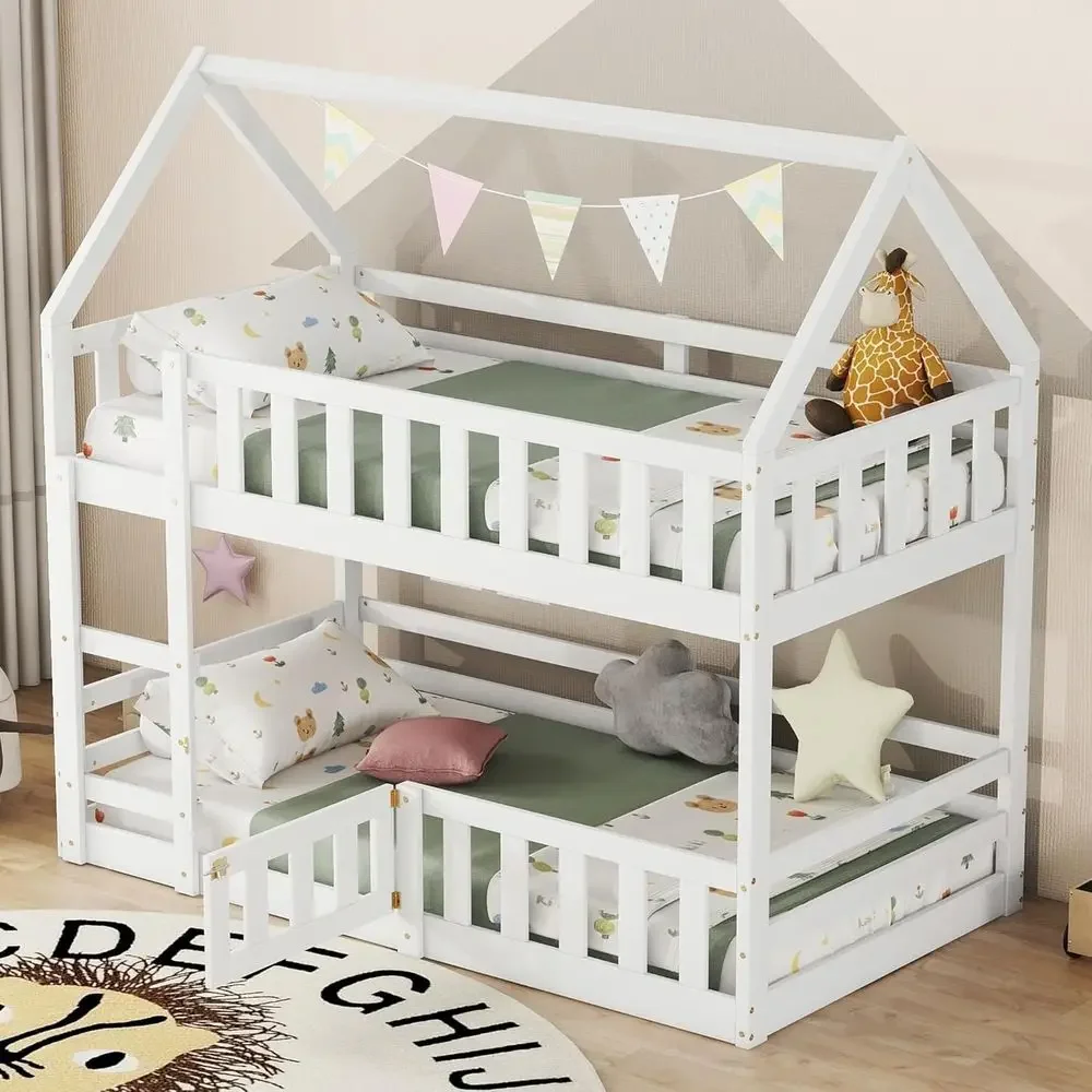 

Twin Over Twin Solid Wood Bunk Bed with Ladder, Door, Safety Rails, Suitable for Boys and Girls, Noise-Free, Easy Assembly, Whit