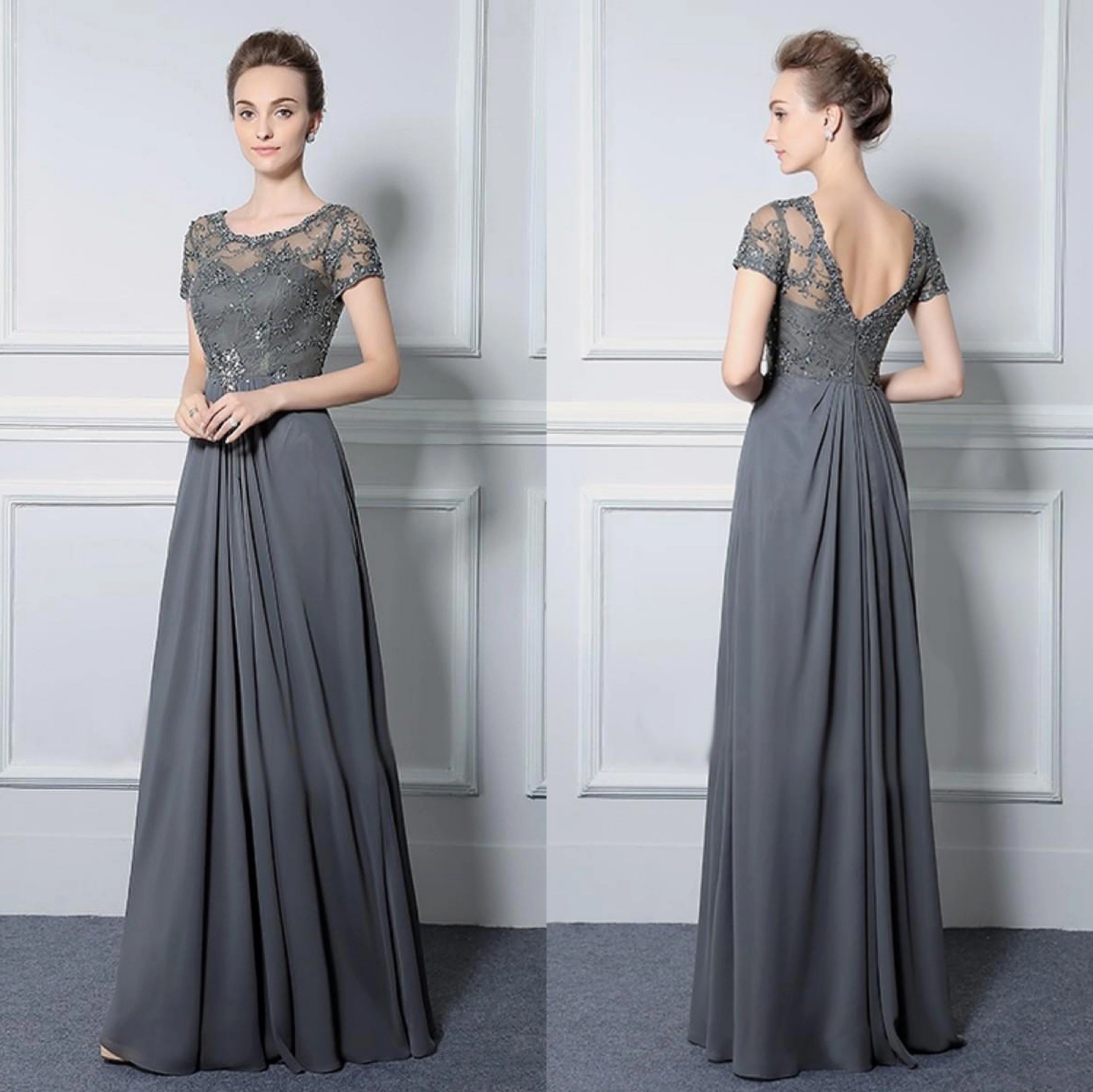 

Grey Mother Of The Bride Dresses A Line Sequin Applique Backless Chiffon Jewel Neck Customize Party Banquet Guest Evening Gown