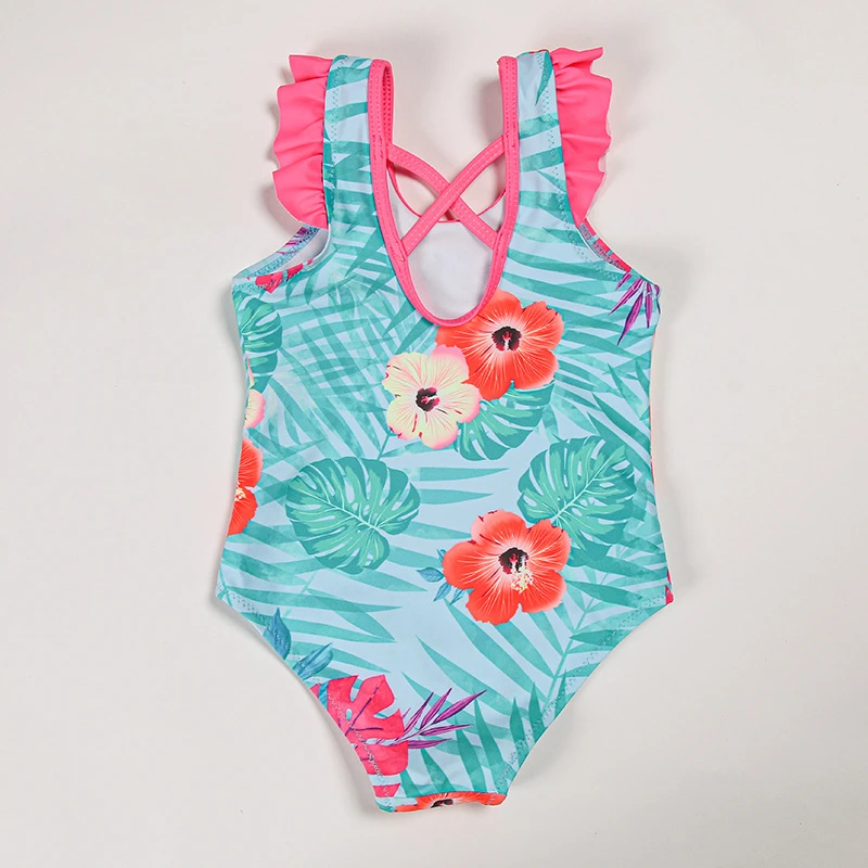 Parrot Print Kids Girls One Piece Swimsuit 2024 Falbala Kid Children Swimwear Beach Flower Bathing Suit Girl Monokini XA046