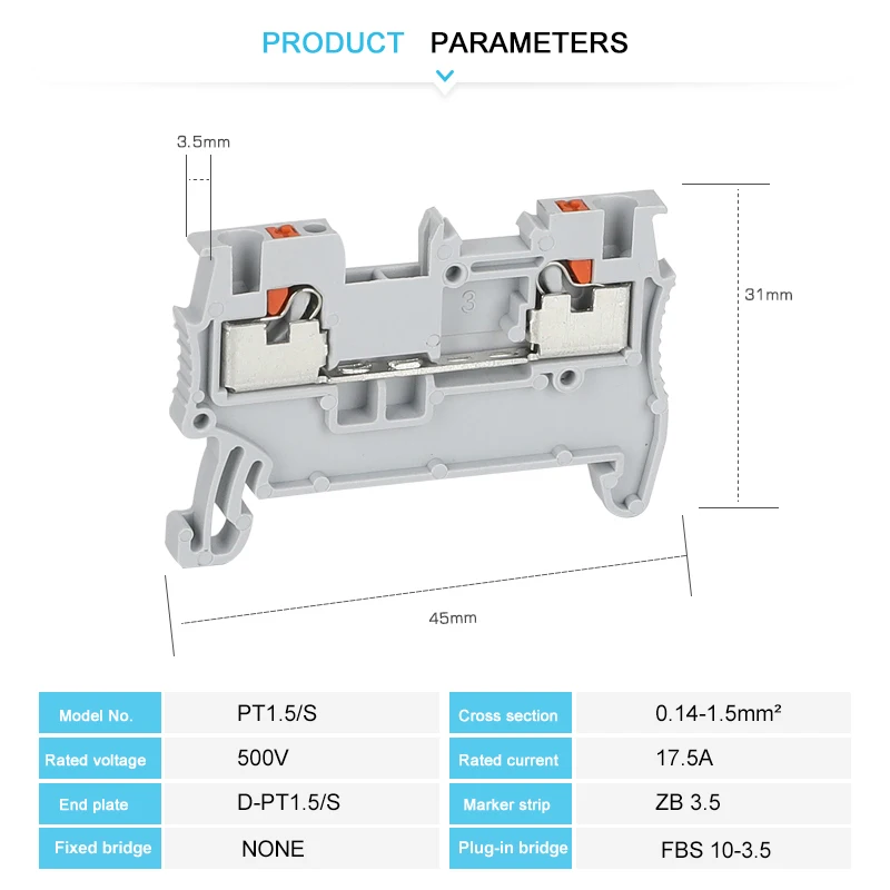 PT6 Push-In Terminals Electrical Connector 6mm² Din Rail Terminal Blocks Screwless Feed-Through Contact Wire PT 6