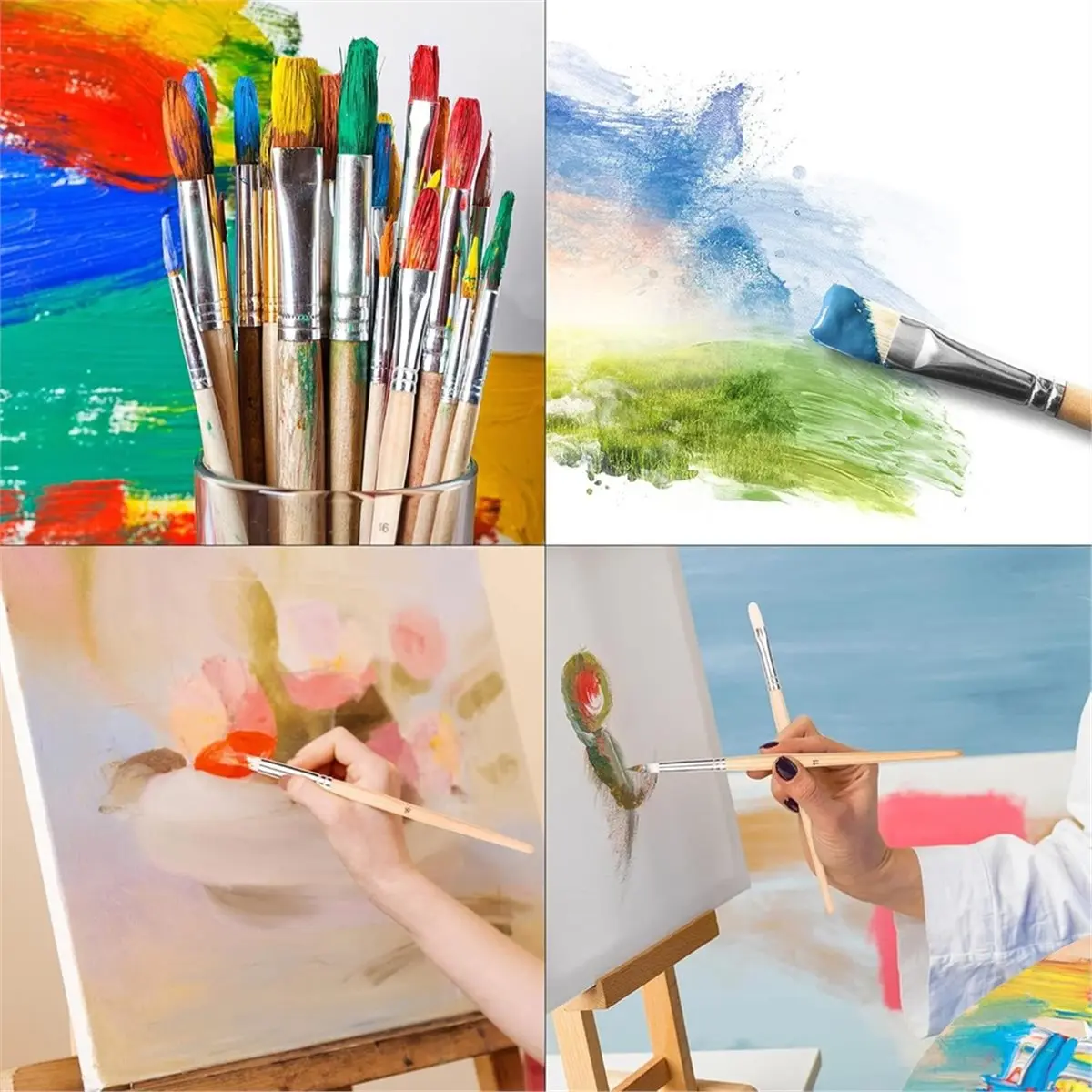 Multi-Shaped Polyester Paint Brushes for for Acrylic, Oil, Watercolor, Gouache, 24 Count Different Sizes, Wood Brush Set