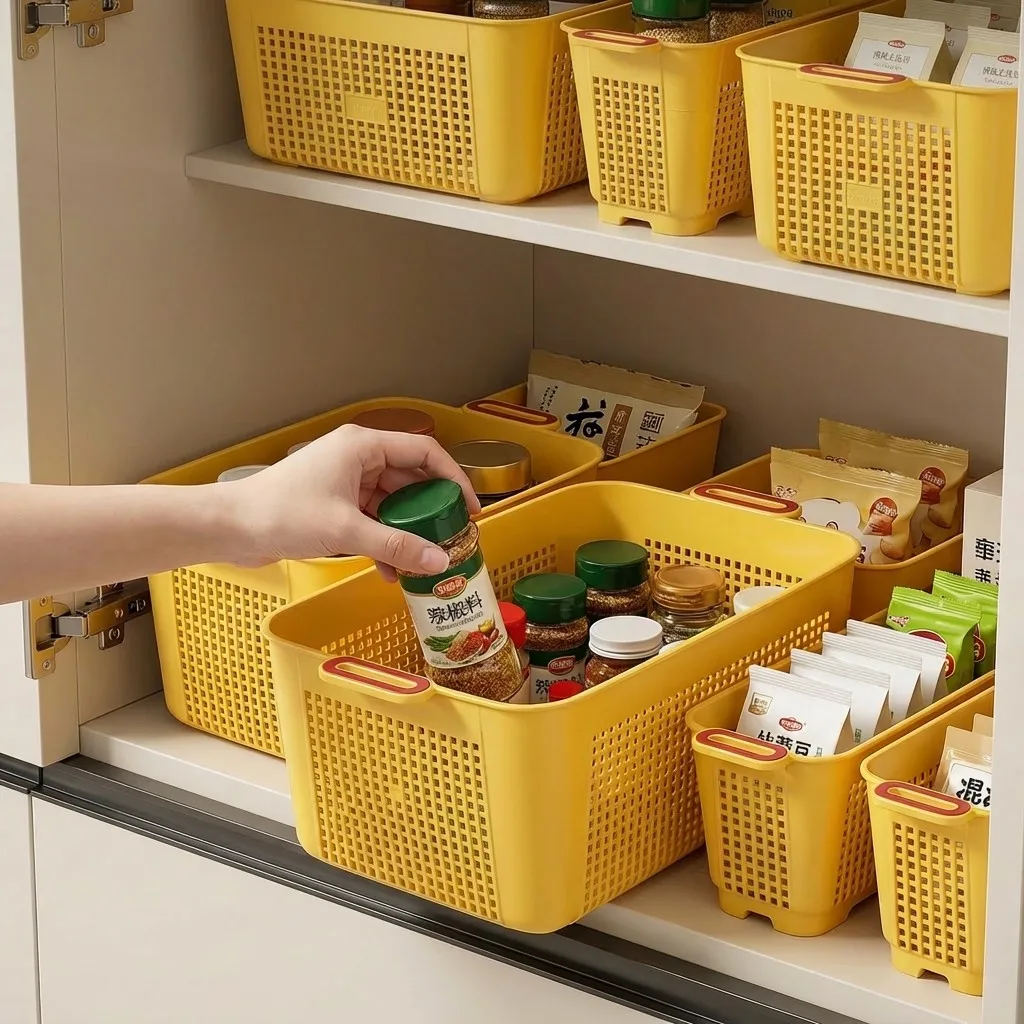 Organizador de gabinete de cocina, caja de almacenamiento para tarros de condimentos con asa, cesta de almacenamiento de plástico reutilizable para frutas, verduras y cubiertos