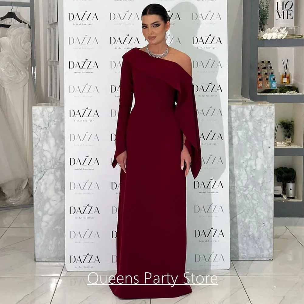 

Simple Arab Evening Dress Customized One Shoulder Long Sleeve Floor Length A Line Burgundy Prom Gown Dubai Party Dresses