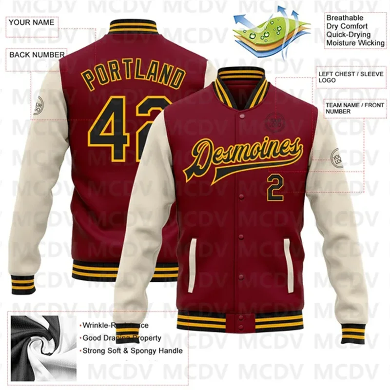 Custom Crimson Black Or-Gold Bomber Full-Snap Varsity Letterman Two Tone Jacket