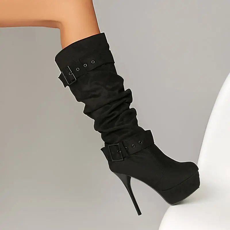 REAVE CAT Black Women Knee High Boots Round Toe Stiletto Heel Platform Slip On Pleated Small Big Size 33 48 49 Sexy Party Botas view 3