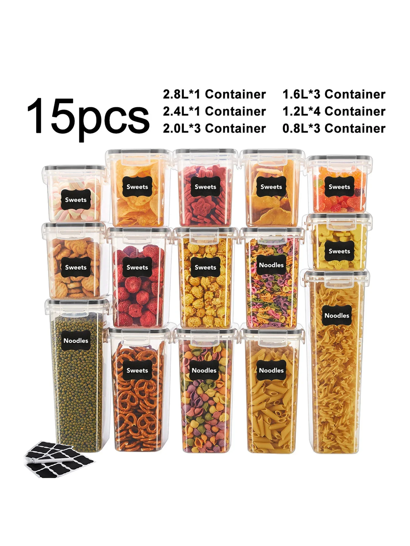 15個セット 密閉食品保存容器 プラスチック製乾燥食品キャニスター キッチンパントリー整理整頓に最適