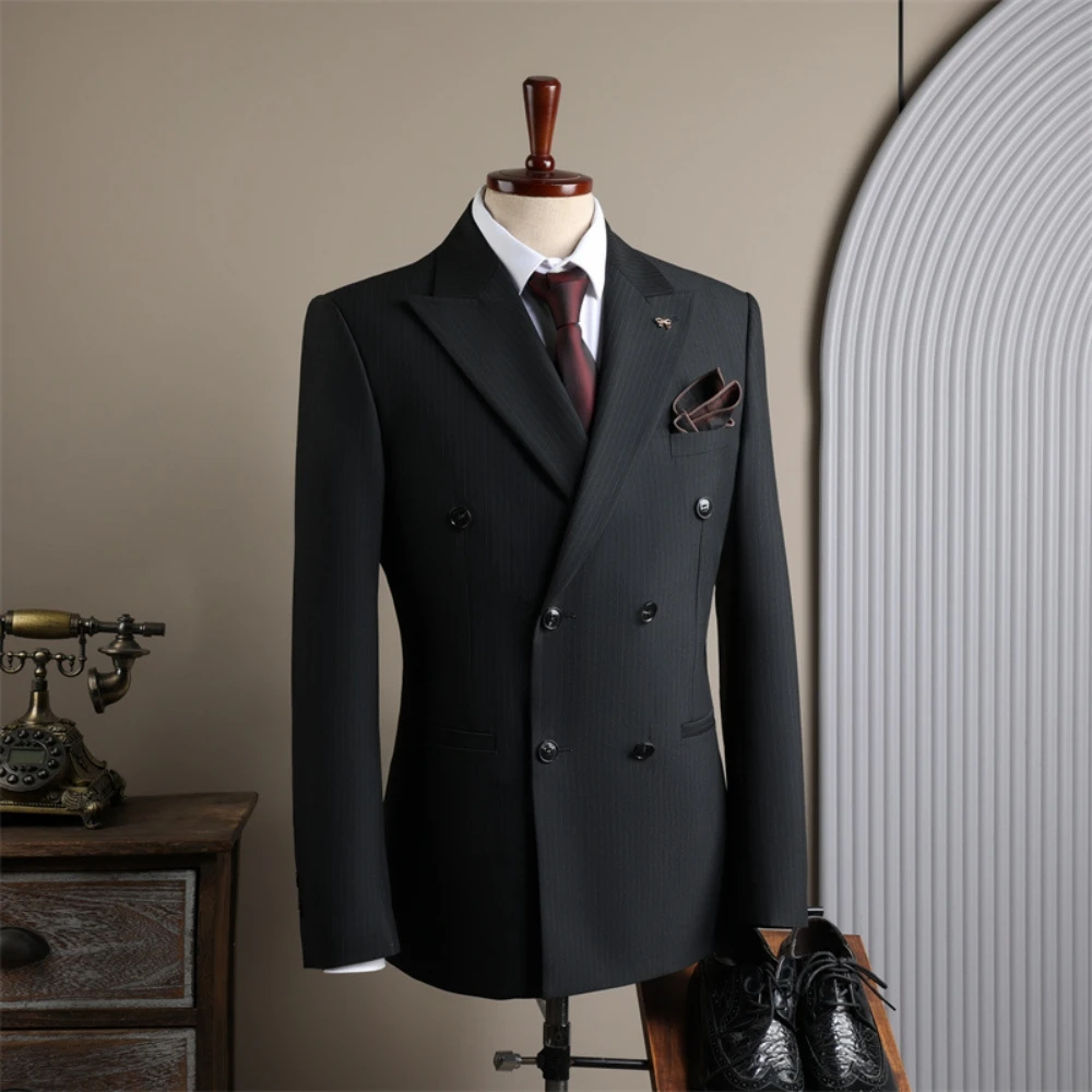 British Style M-4XL Men's Jacket, Striped Peak Lapel Tuxedo, Decent Double Breasted Daily Suit, Modern Four Seasons Groom Wear