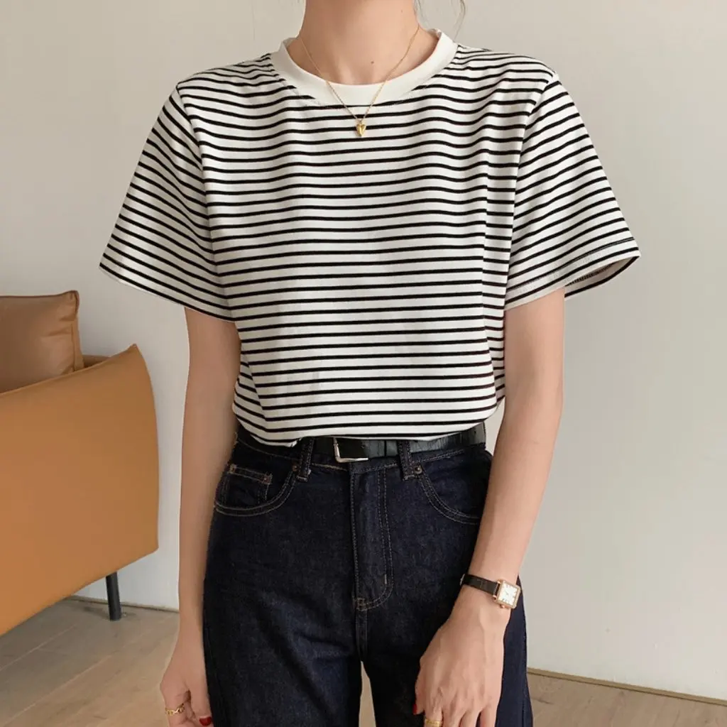 

Женская высококачественная хлопковая полосатая футболка с короткими рукавами и круглым вырезом, свободный утягивающий топ, универсальная летняя базовая рубашка