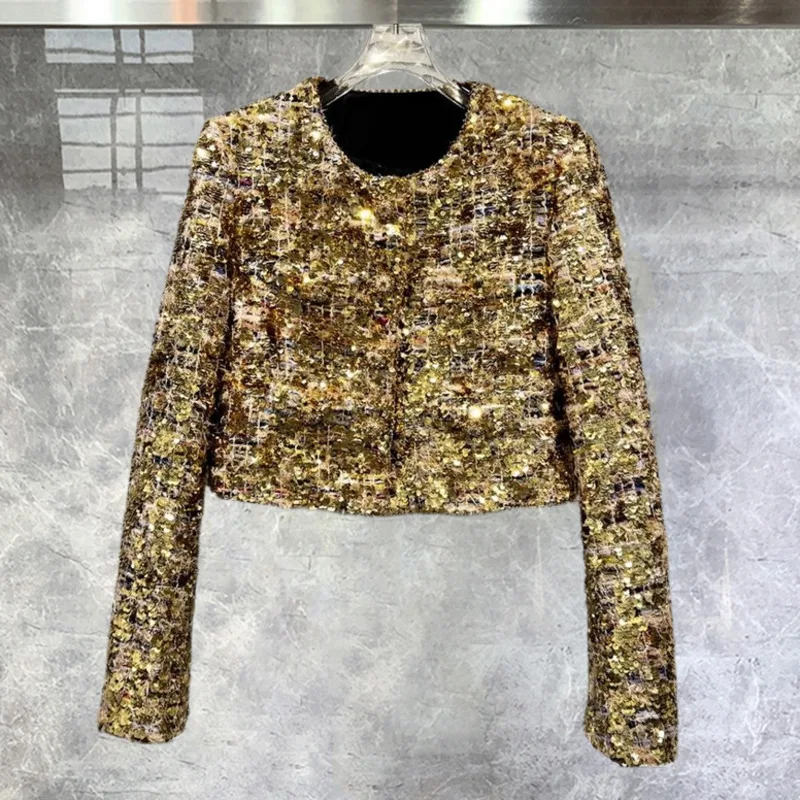 

High Quality Fall Heavy Industry High-definition Light Luxury Gold Sequin Thickened Tweed Short Jacket Women Luxury Gold Jacket