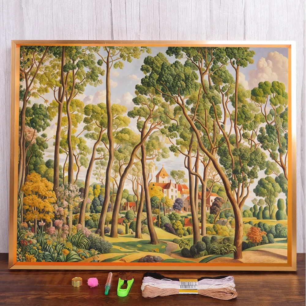 

Landscape House In Forest Pre-Printed Cross Stitch DIY Embroidery Kit Sewing Handiwork Handicraft Craft Needle Floss For Adults